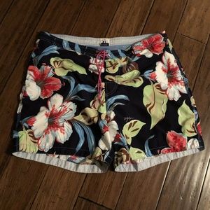 Navy Blue Hibiscus Swim Surf Board Shorts Trunks